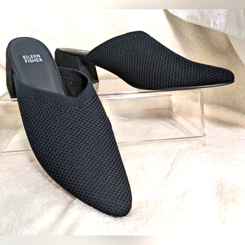 Eileen Fisher Black Gest Stretch Knit Pointed Toe Block Heel‎ Mules | Size 10